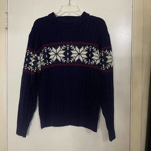 Vintage Kings Road Navy Blue Holiday crew neck Braided knit sweater men Large
